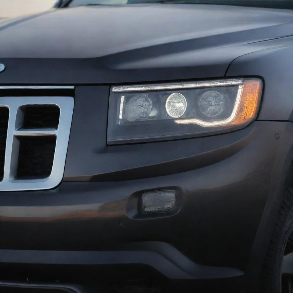 A detailed view of the headlights on a WK Jeep Grand Cherokee. The image should emphasize the unique design and brightness of the headlights.