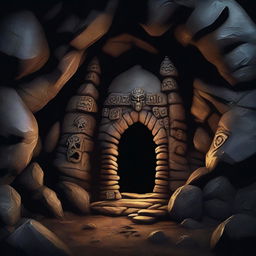 This is a high-quality digital art image, illustrating the entrance of a spooky dwarven cave