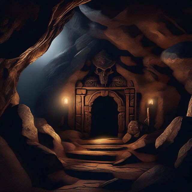 This is a high-quality digital art image, illustrating the entrance of a spooky dwarven cave