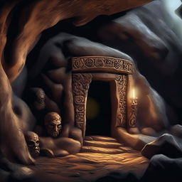 This is a high-quality digital art image, illustrating the entrance of a spooky dwarven cave