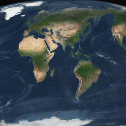 Satellite view of world map showing distinct continents with oceans and seas