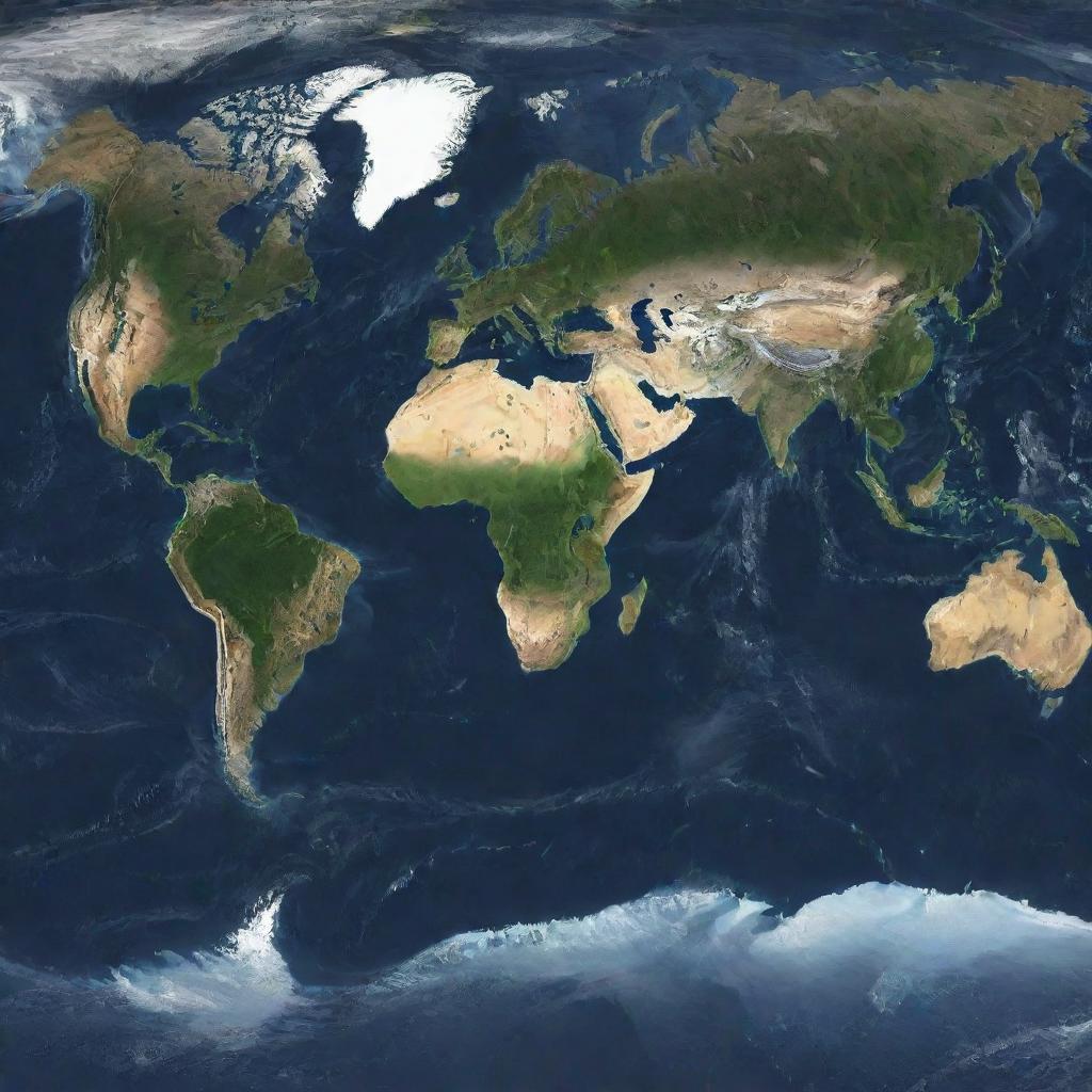 Satellite view of world map showing distinct continents with oceans and seas