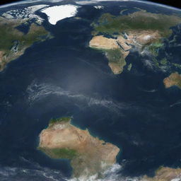 Satellite view of world map showing distinct continents with oceans and seas