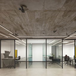 Sleek workstation space featuring glass paneling, a structural grid aesthetic, and understated minimal panel ceiling lights.