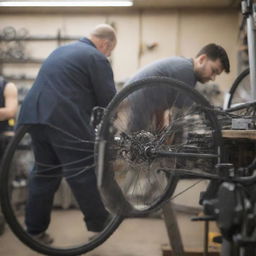 Create an image of a man, seen from behind or the side, working on a modern bicycle in a well-equipped mechanic shop, drawing focus to his body movements and the intimate details of his work.