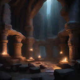 This image is a continuation of the previous digital art, now showcasing the interior of the spooky dwarven cave