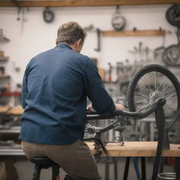 Create an image of a man, seen from behind or the side, working on a modern bicycle in a well-equipped mechanic shop, drawing focus to his body movements and the intimate details of his work.