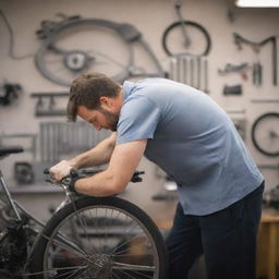 Create an image of a man, seen from behind or the side, working on a modern bicycle in a well-equipped mechanic shop, drawing focus to his body movements and the intimate details of his work.