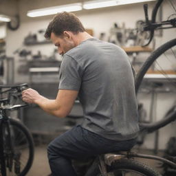 Create an image of a man, seen from behind or the side, working on a modern bicycle in a well-equipped mechanic shop, drawing focus to his body movements and the intimate details of his work.