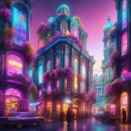 A vibrant and hyper-realistic 3D image with a blend of rococo and cyberpunk aesthetics