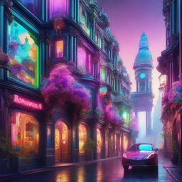 A vibrant and hyper-realistic 3D image with a blend of rococo and cyberpunk aesthetics