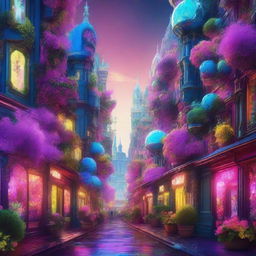 A vibrant and hyper-realistic 3D image with a blend of rococo and cyberpunk aesthetics