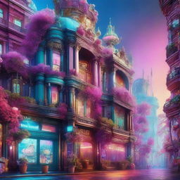 A vibrant and hyper-realistic 3D image with a blend of rococo and cyberpunk aesthetics