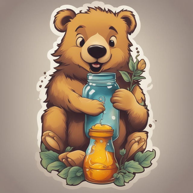 An illustrative tattoo design featuring a cartoon-style bear eating out of a jar of honey