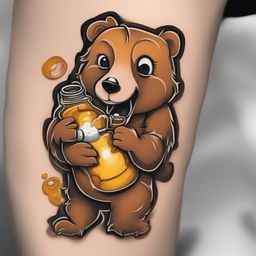 An illustrative tattoo design featuring a cartoon-style bear eating out of a jar of honey