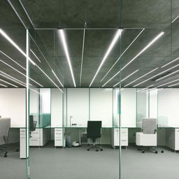 Sleek workstation space featuring glass paneling, a structural grid aesthetic, and understated minimal panel ceiling lights.