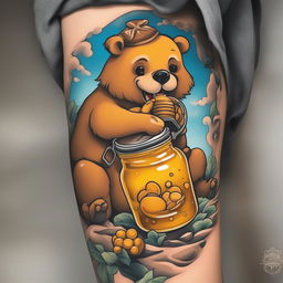 An illustrative tattoo design featuring a cartoon-style bear eating out of a jar of honey