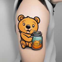 An illustrative tattoo design featuring a cartoon-style bear eating out of a jar of honey