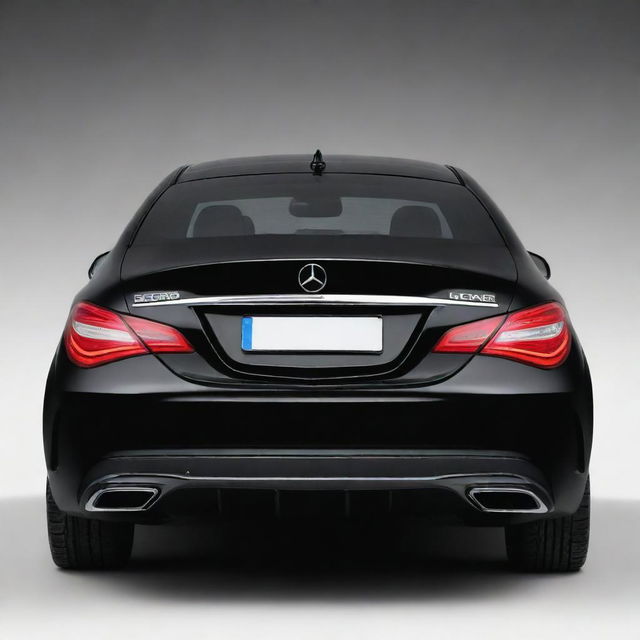 Rear view of a glossy black Mercedes CLA, isolated without any background