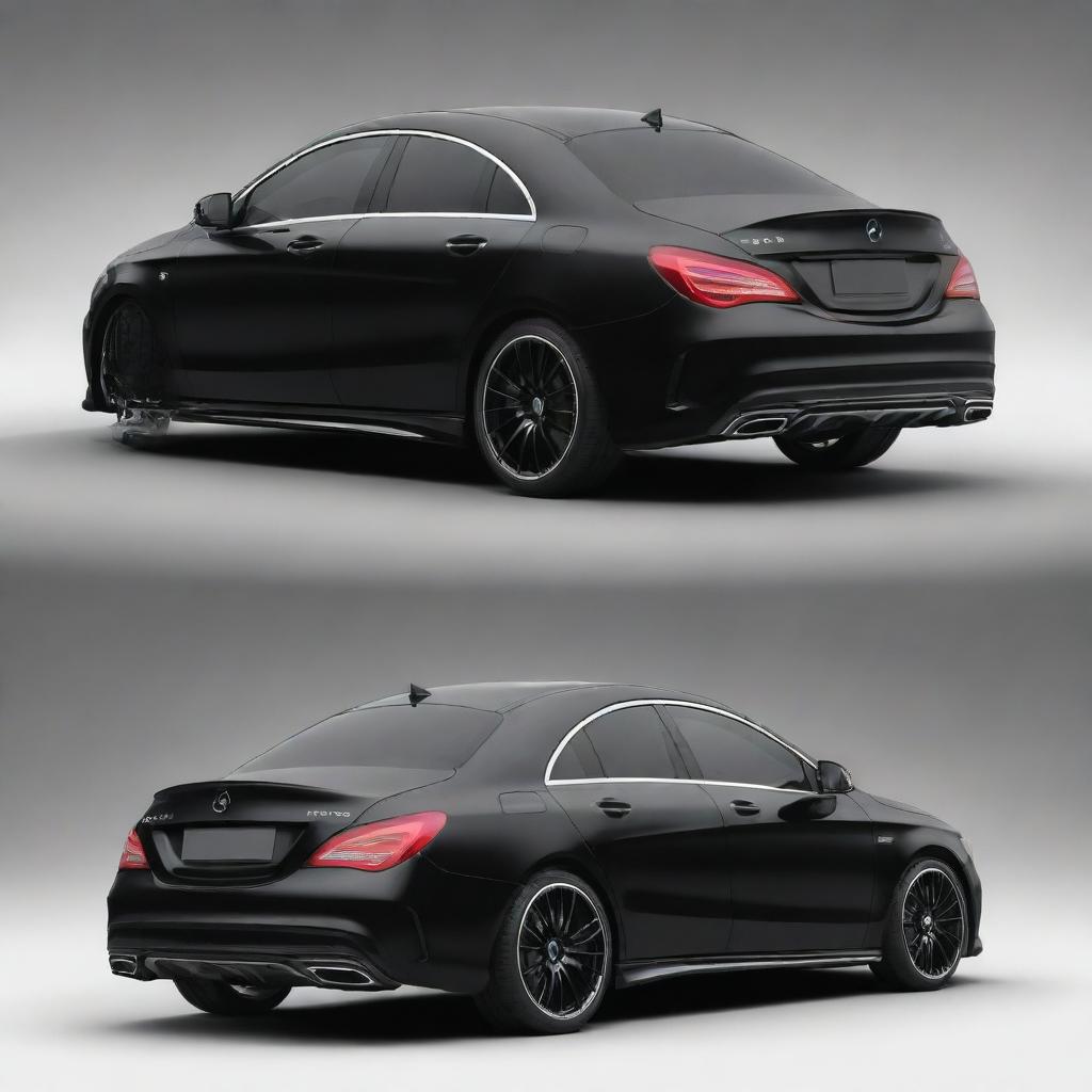 Front and rear views of a glossy black Mercedes CLA, isolated without any background