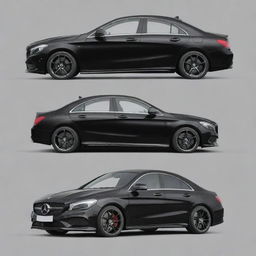 Front and rear views of a glossy black Mercedes CLA, isolated without any background