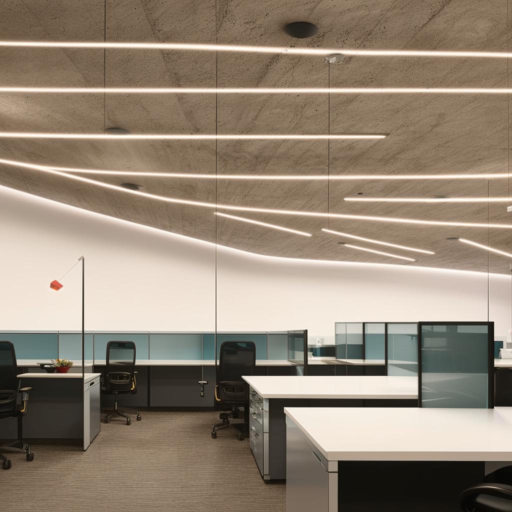 Sleek workstation space featuring glass paneling, a structural grid aesthetic, and understated minimal panel ceiling lights.