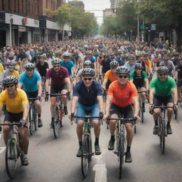 Generate an image depicting a crowd of diverse individuals, all cycling energetically through an urban setting, capturing the vibrant spirit of the cycling community.