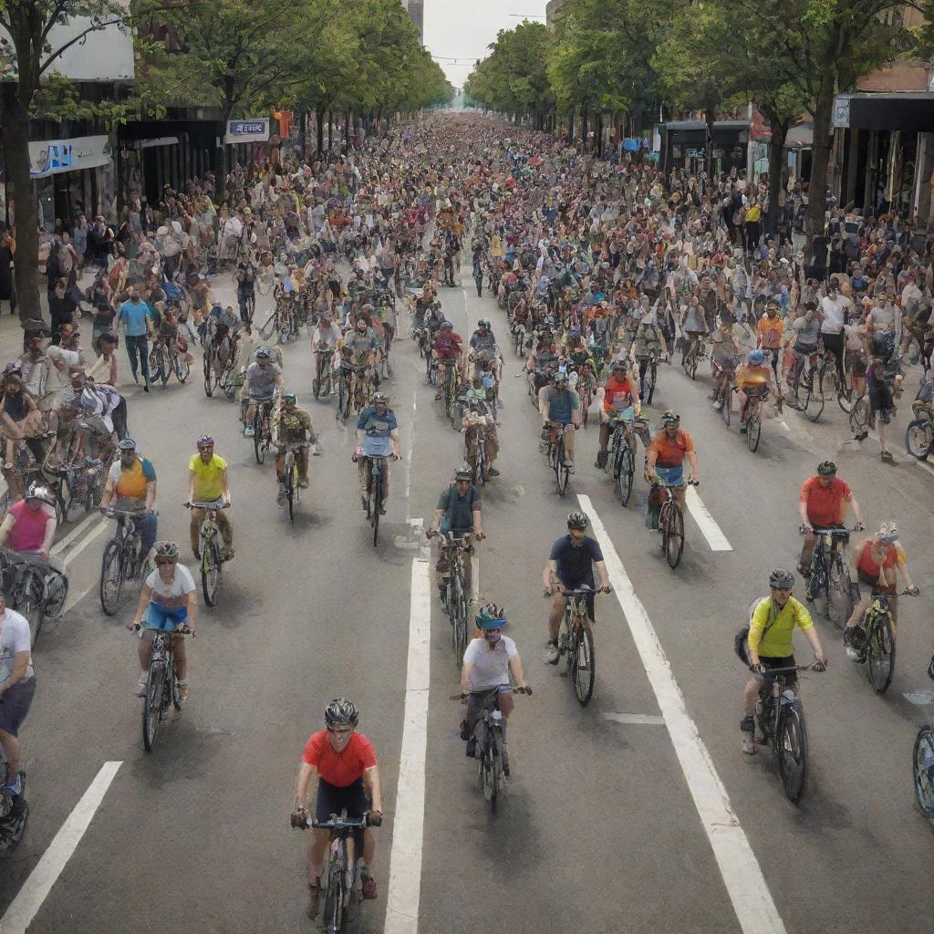 Generate an image depicting a crowd of diverse individuals, all cycling energetically through an urban setting, capturing the vibrant spirit of the cycling community.