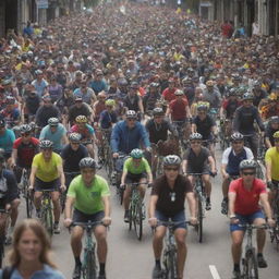 Generate an image depicting a crowd of diverse individuals, all cycling energetically through an urban setting, capturing the vibrant spirit of the cycling community.