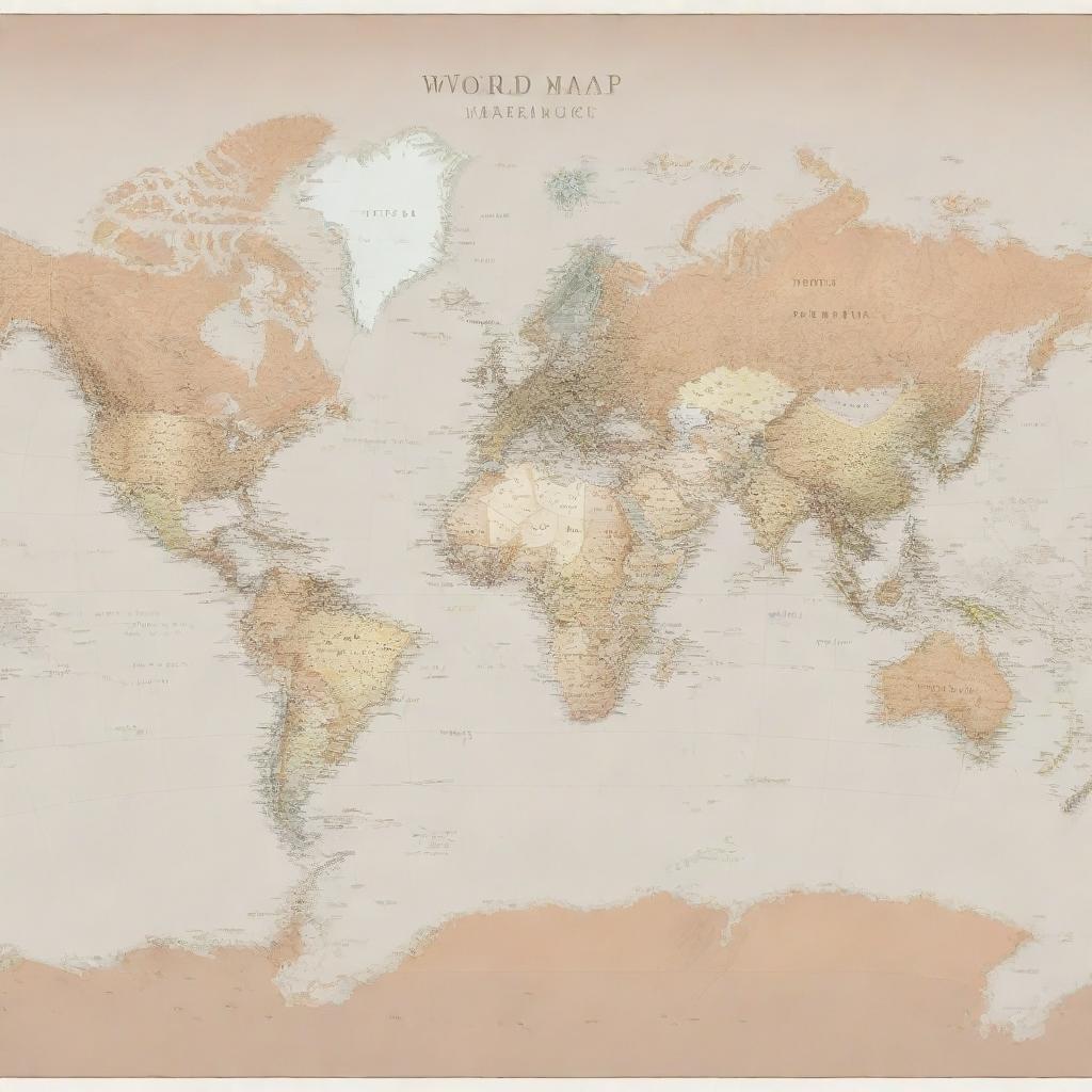 A highly detailed world map with all country names clearly visible in a neutral color palette.