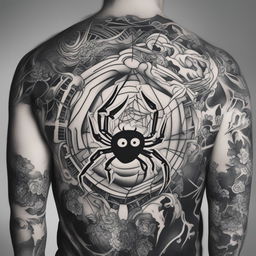 A black and white illustrative tattoo design featuring a cartoon-style spider