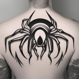 A black and white illustrative tattoo design featuring a cartoon-style spider