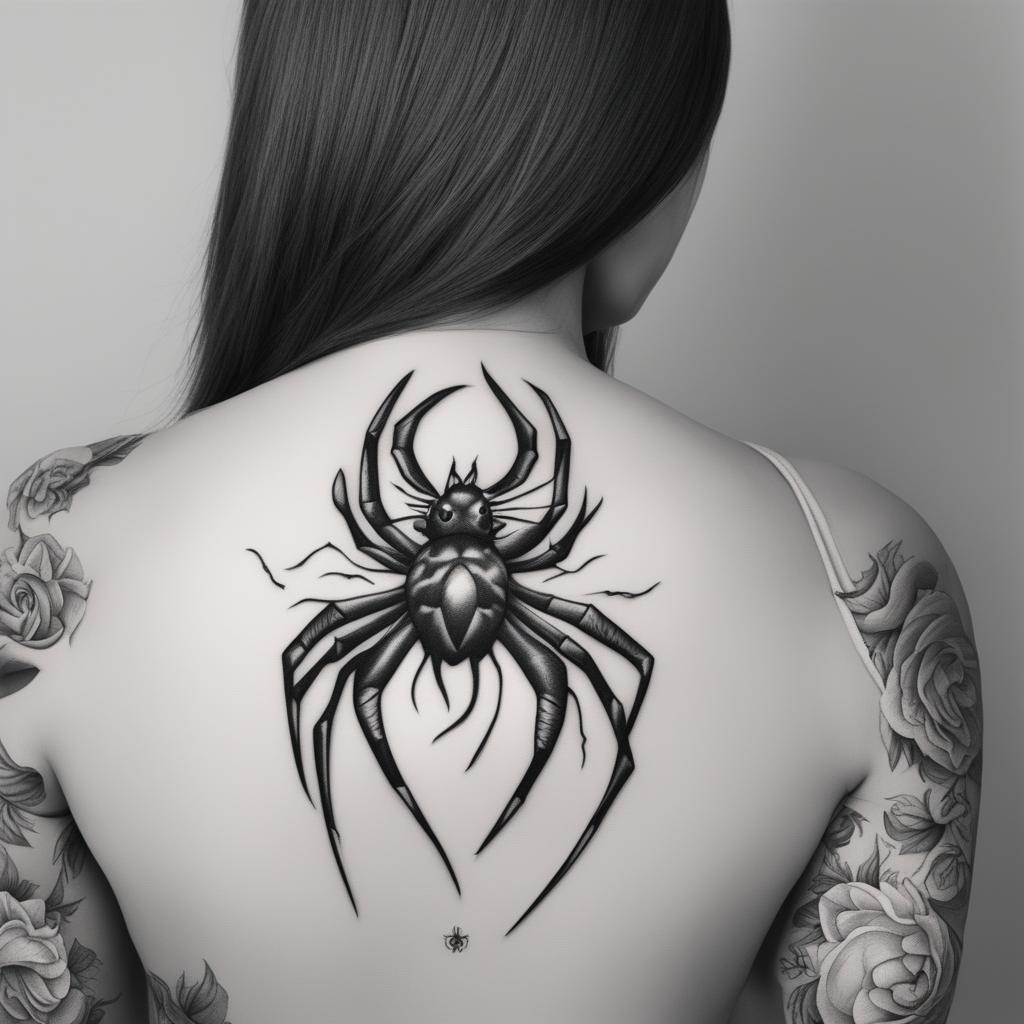 A black and white illustrative tattoo design featuring a cartoon-style spider