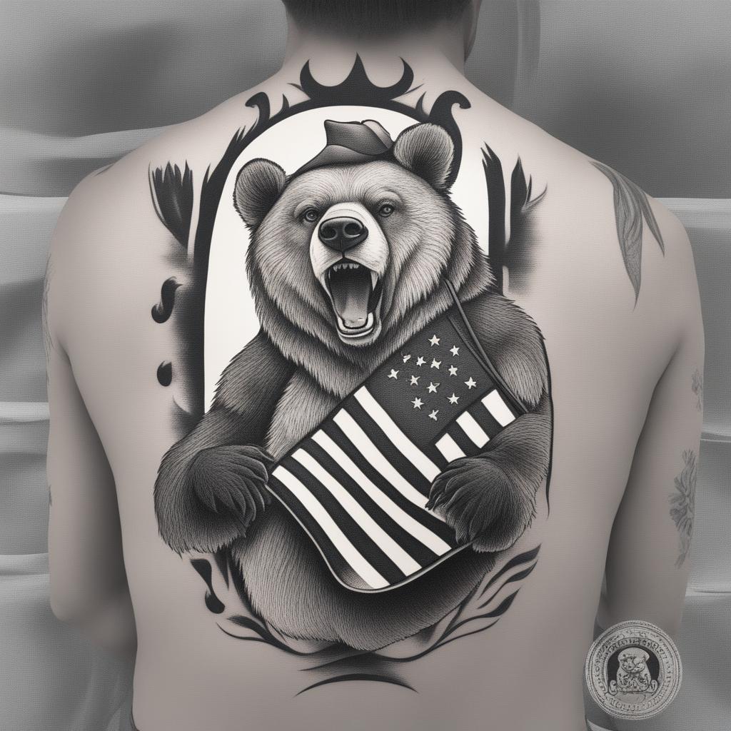 A black and white illustrative tattoo design featuring a cartoon-style grizzly bear holding a Russian flag