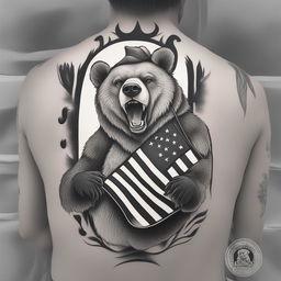 A black and white illustrative tattoo design featuring a cartoon-style grizzly bear holding a Russian flag