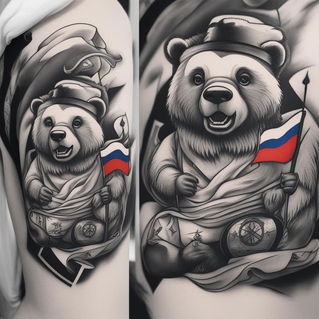 A black and white illustrative tattoo design featuring a cartoon-style grizzly bear holding a Russian flag