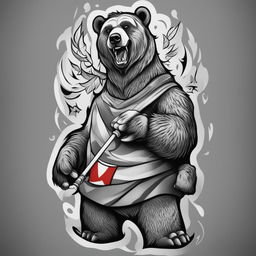 A black and white illustrative tattoo design featuring a cartoon-style grizzly bear holding a Russian flag