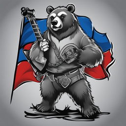 A black and white illustrative tattoo design featuring a cartoon-style grizzly bear holding a Russian flag