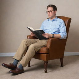 Tall boy with glasses comfortably sits on a chair, legs pulled up, engrossed in reading a book.