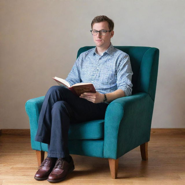 Tall boy with glasses comfortably sits on a chair, legs pulled up, engrossed in reading a book.