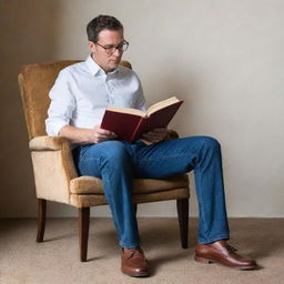 Tall boy with glasses comfortably sits on a chair, legs pulled up, engrossed in reading a book.