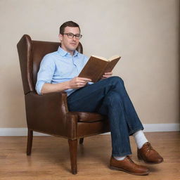 Tall boy with glasses comfortably sits on a chair, legs pulled up, engrossed in reading a book.