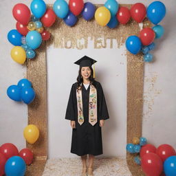 A photobooth setup at a graduation ceremony, where the proud mother is being informed that her child has become a doctor. Fun and celebratory elements are present, with graduation caps, confetti, and backdrop showcasing healthcare symbols.