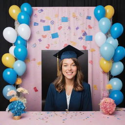 A photobooth setup at a graduation ceremony, where the proud mother is being informed that her child has become a doctor. Fun and celebratory elements are present, with graduation caps, confetti, and backdrop showcasing healthcare symbols.