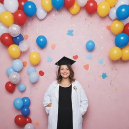 A photobooth setup at a graduation ceremony, where the proud mother is being informed that her child has become a doctor. Fun and celebratory elements are present, with graduation caps, confetti, and backdrop showcasing healthcare symbols.