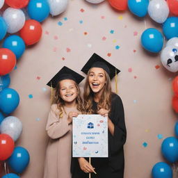 A photobooth setup at a graduation ceremony, where the proud mother is being informed that her child has become a doctor. Fun and celebratory elements are present, with graduation caps, confetti, and backdrop showcasing healthcare symbols.