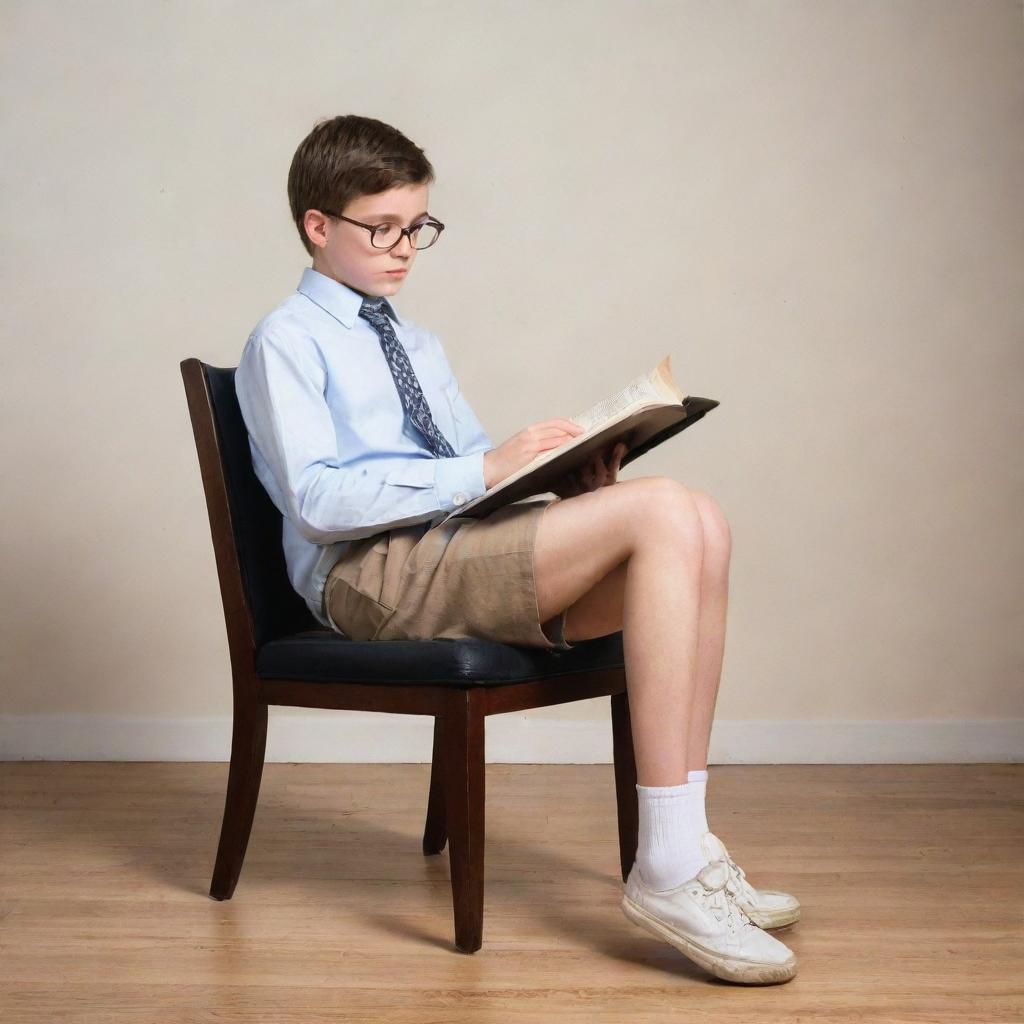 A tall, spectacled boy sitting uniquely on a chair, legs atop, intently reading a book.