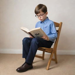 A tall, spectacled boy sitting uniquely on a chair, legs atop, intently reading a book.