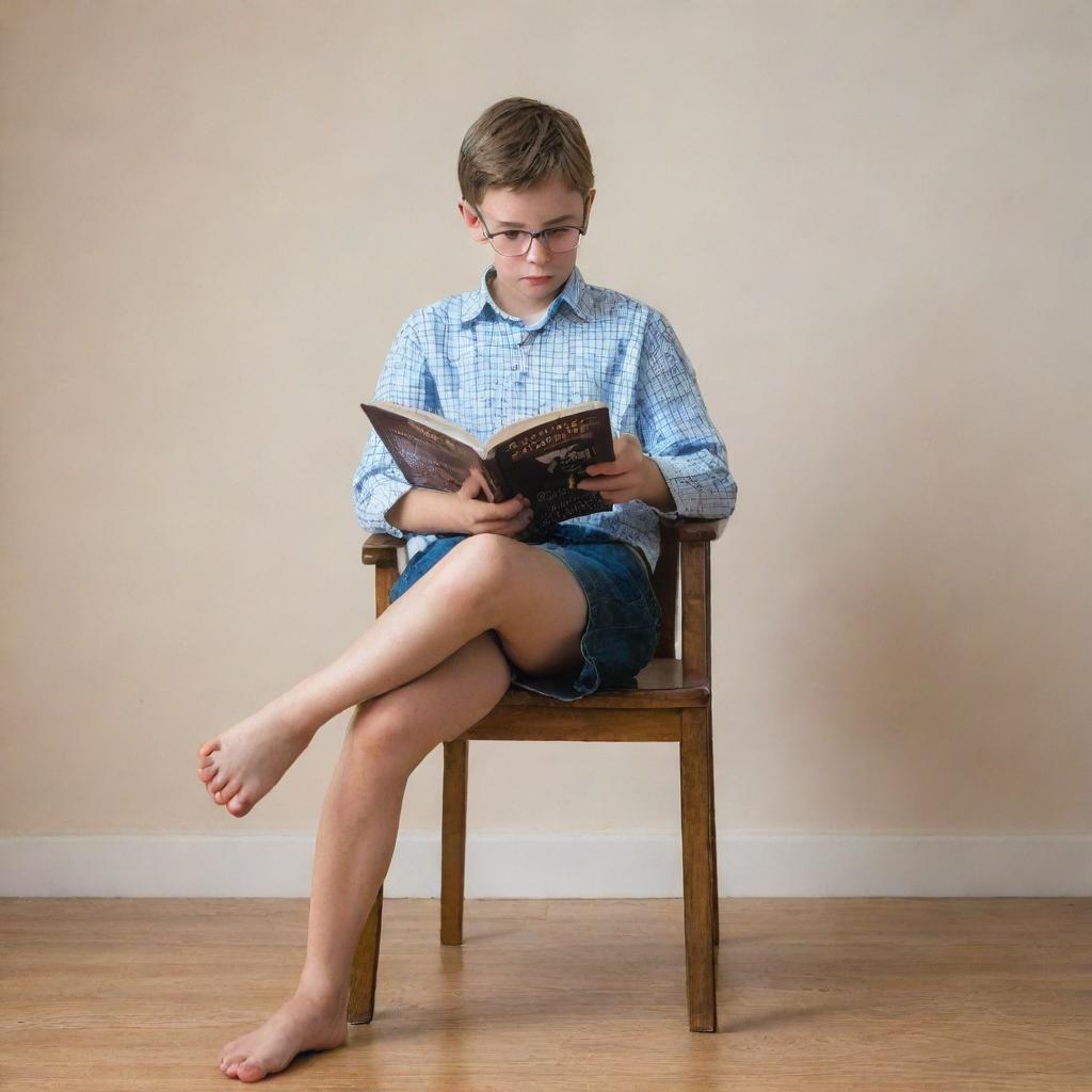 A tall, spectacled boy sitting uniquely on a chair, legs atop, intently reading a book.