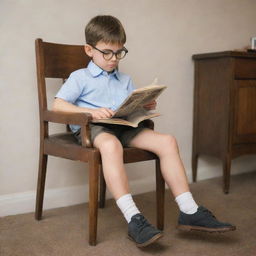 A tall, spectacled boy sitting uniquely on a chair, legs atop, intently reading a book.